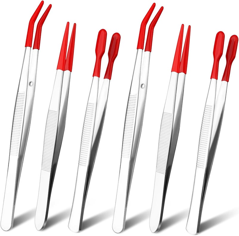 Resflyar 6 PCS Tweezers with Rubber Tips Set, PVC Coated Precision Tweezers, Rubber Straight Tip Tweezer Rubbers Flat Tip and Long Bent Tweezer for Craft Jewelry Beads Lab Industrial Stamps, Red - Image 1